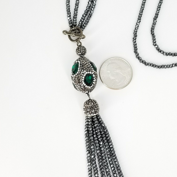 Green Crystal Gem Hematite Tassel Choker NWT - Picture 4 of 10